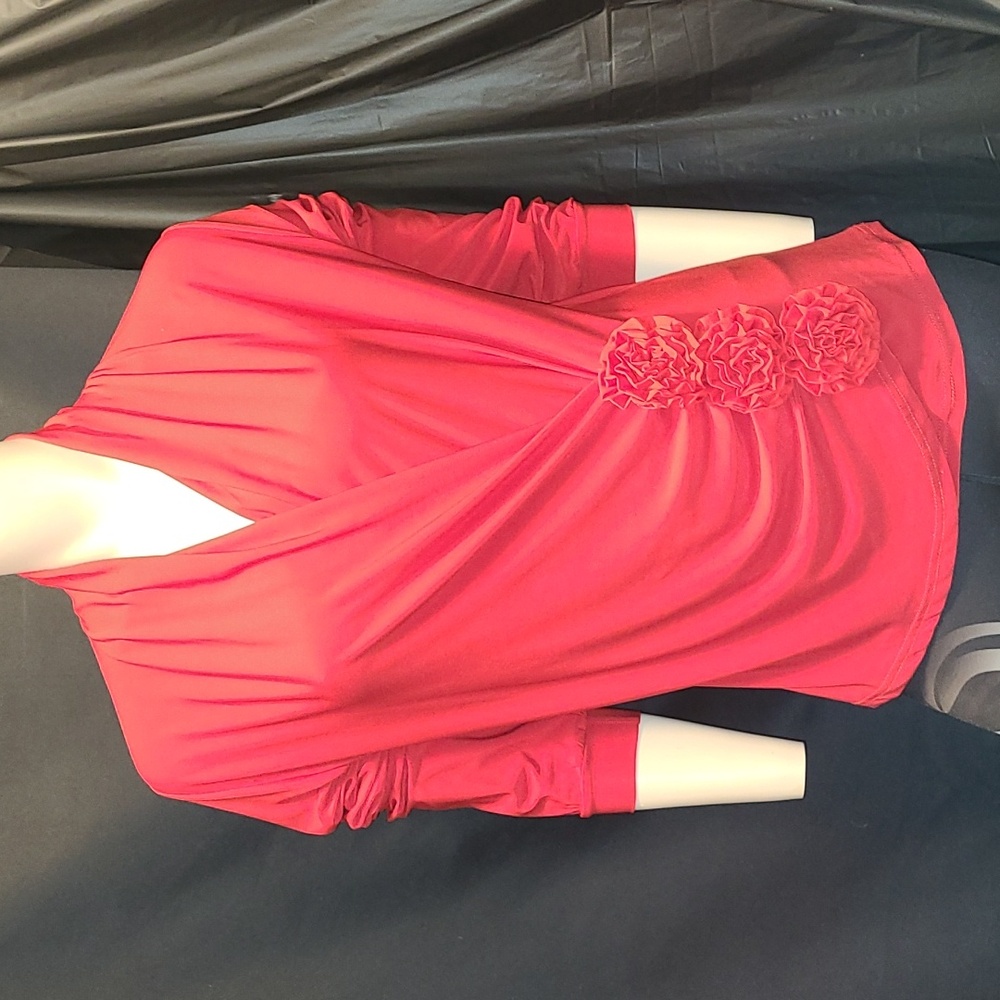 Red Blouse Cross Over V Neck With Flower Accents. No Tags
